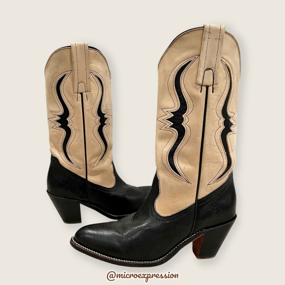 1980s Frye Vintage Black Cream Lizard Cow Leather Pull On Western Cowboy Boot